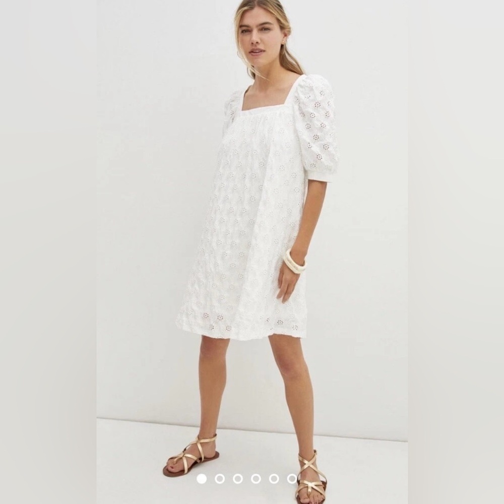 Anthropologie Maeve White Eyelet Square-Neck Mini Babydoll Dress